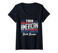 Mujer Este Americano Come Duerme Respira Bombas de baño Rojo Blanco Azul Camiseta Cuello V