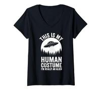 Mujer Este es mi Disfraz Humano, Divertido diseño de Extraterrestre OVNI Humor Camiseta Cuello V