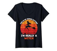 Mujer Este es mi Disfraz Humano, Soy Realmente una Bruja de Halloween para Mujeres Camiseta Cuello V