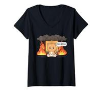Mujer Este es un Buen Meme Divertido y Lindo Gato Kawaii Room on Fire Camiseta Cuello V