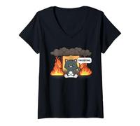 Mujer Este es un Buen Meme Divertido y Lindo Gato Kawaii Room on Fire Camiseta Cuello V