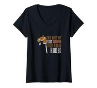 Mujer Este no es mi primer rodeo de caballos con palitos, un divertido jinete de caballos Camiseta Cuello V