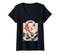 Mujer Estética Japonesa Símbolo del Dragón Kanji Japón Camiseta Cuello V