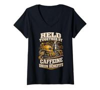 Mujer Estibador Held Together by Caffeine and Union Benefits Camiseta Cuello V