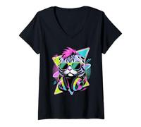 Mujer Estilo Era Punk Scottish Fold Cat Gafas de Sol Coupari Camiseta Cuello V