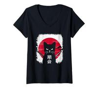 Mujer Estilo Retro japonés Atardecer Divertido Gato Kawaii Amante de Gatitos Camiseta Cuello V