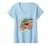 Mujer Estilo Tradicional del Tatuaje de la Cabeza de cocodrilo Feroz Camiseta Cuello V