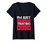 Mujer Estoy aquí confiando en Dios Dicho religioso cristiano Camiseta Cuello V