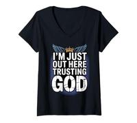 Mujer Estoy aquí confiando en Dios fe Religiosa Cristiana Camiseta Cuello V