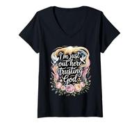 Mujer Estoy aquí confiando en Dios fe Religiosa Cristiana Camiseta Cuello V