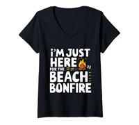 Mujer Estoy aquí para la Playa Hoguera Océano Puesta del Sol Fogata Camiseta Cuello V