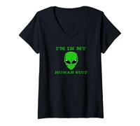 Mujer Estoy En Mi Traje Humano Alien Espacio OVNI Extraterrestre Camiseta Cuello V
