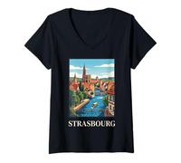 Mujer Estrasburgo Francia Alsacia Canal City Vintage Travel Artwork Camiseta Cuello V
