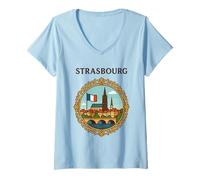 Mujer Estrasburgo, Francia, ciudad, paisaje, puente, victoriano, marco, arte Camiseta Cuello V