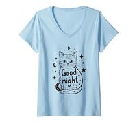 Mujer Estrellas de Gato Buenas Noches Camiseta Cuello V
