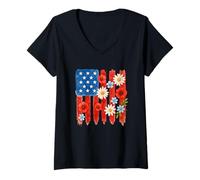Mujer Estrellas Y Rayas Con Margaritas Y Amapolas Flores Camiseta Cuello V