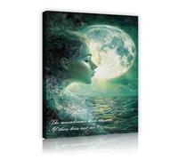 Mujer etérea y arte lienzo marino iluminado por la luna Luz la luna brillante Impresiones murales océano turbulento Poemas románticos Cartel citas para salón Decor del hogar Marco interior 20x28cm