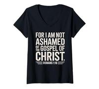 Mujer Evangelio de Jesús no avergonzado Romanos 1:16 Cristiano Camiseta Cuello V