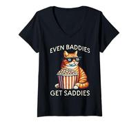 Mujer Even Baddies Get Saddies Cat Funny Dichos Hombres Mujeres Niños Camiseta Cuello V