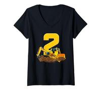 Mujer Excavadora 2º cumpleaños Bulldozer Construcción Aventura Camiseta Cuello V