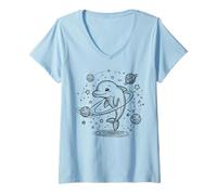 Mujer Explorador cósmico delfín Sonriente con Planetas y Estrellas Camiseta Cuello V