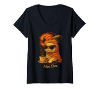 Mujer Explosión de café con Gato Retro Mon Dieu Camiseta Cuello V