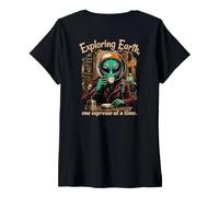 Mujer Extraterrestre Divertido explorando la Tierra Espresso Lover Café Italia Camiseta Cuello V