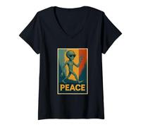 Mujer Extraterrestre divertido que da paz, gafas de sol alienígenas, paz OVNI Camiseta Cuello V