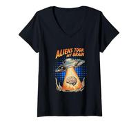 Mujer Extraterrestres tomaron mi Cerebro secuestro OVNI Retro Obra de Arte Camiseta Cuello V
