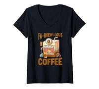 Mujer FA-Brew-Lous Corgi Juego de Palabras de café Barista Amante de los Perros Camiseta Cuello V