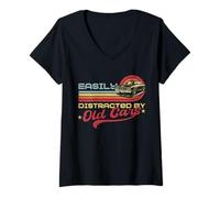 Mujer Fácilmente distraído por Coches Antiguos Humor Vintage Classic Car Camiseta Cuello V