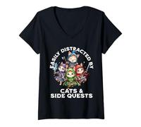 Mujer Fácilmente distraído por gatos y misiones secundarias Funny Gamer Cat Camiseta Cuello V