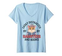 Mujer Fácilmente distraído por hámsters y libros, lindo animal de lectura Camiseta Cuello V
