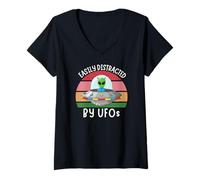 Mujer Fácilmente distraído por ovnis, OVNI Divertido distraído por Extraterrestres Camiseta Cuello V