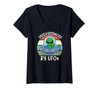 Mujer Fácilmente distraído por ovnis, OVNI Divertido distraído por Extraterrestres Camiseta Cuello V
