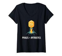Mujer Fagos sobre antibióticos Bacteriófago divertido Camiseta Cuello V