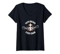 Mujer Faith Breaks Every Chain - Diseño de fuerza cruzada cristiana Camiseta Cuello V