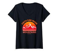 Mujer Faith Can Move Mountains Mateo 17:20 Versículo de la Biblia Retro Camiseta Cuello V
