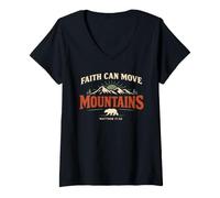 Mujer Faith Can Move Mountains Retro Sunset Bible Verse Christian Camiseta Cuello V