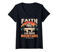 Mujer Faith Can Move Mountains Retro Sunset Bible Verse Christian Camiseta Cuello V