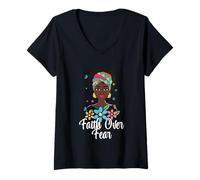 Mujer Faith Over Fear Afrocéntrico Headwrap Camiseta Cuello V