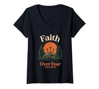 Mujer Faith Over Fear - Cruces cristianas con diseño de calvario Camiseta Cuello V