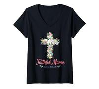 Mujer Faithful Mama He Is Risen - Cruz Floral de Pascua Cristiana Camiseta Cuello V