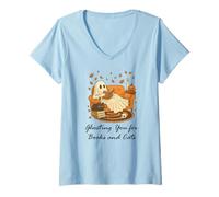 Mujer Fall Black Cat Ghosting You For Book Halloween Ghost Reading Camiseta Cuello V