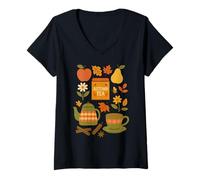 Mujer Fall Comforts Cozy Cottage Core Tea y Fall Hygge Design Camiseta Cuello V