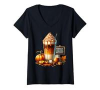 Mujer Fall Drinking Glasses Pumpkin Spice Caramel Macchiato Coffee Camiseta Cuello V