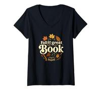 Mujer Fall For A Great Book Autumn Reading Graphic Camiseta Cuello V