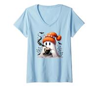 Mujer Fall Ghost with Coffee Mug,Halloween Ghost Drinking Coffee Camiseta Cuello V