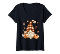 Mujer Fall GNOME In Autumn Buffalo Plaid Who Loves Pumpkin Spice Camiseta Cuello V
