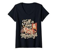 Mujer Fall In Love with Cozy Mornings Autumn Bedroom Scene Camiseta Cuello V